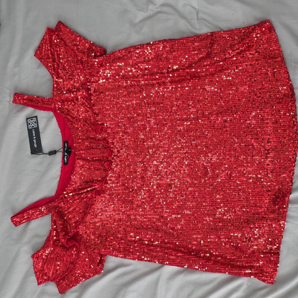 NWT Red Sequin Ruffle Top - Picture 4 of 4